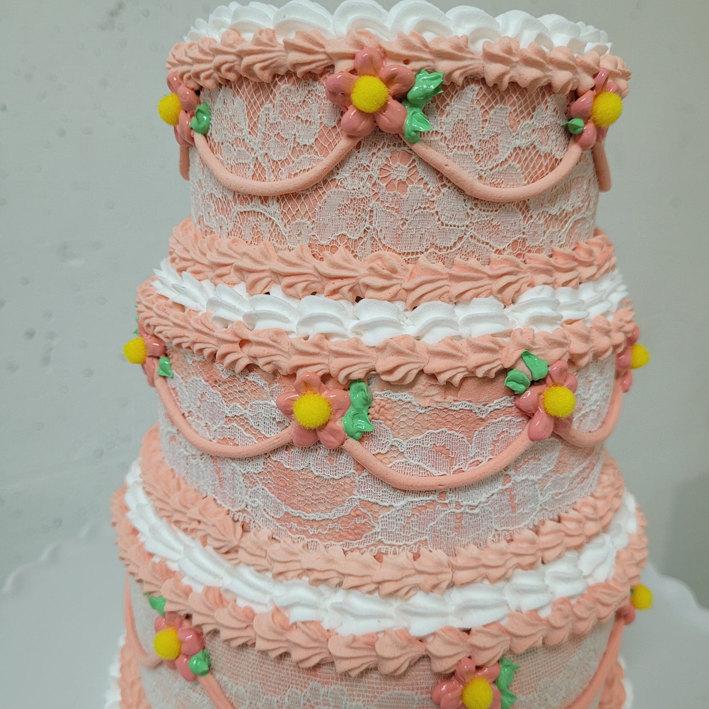 Pink Vintage Lace 3 Tiered Cake Sculpture | 7" by 8.5"