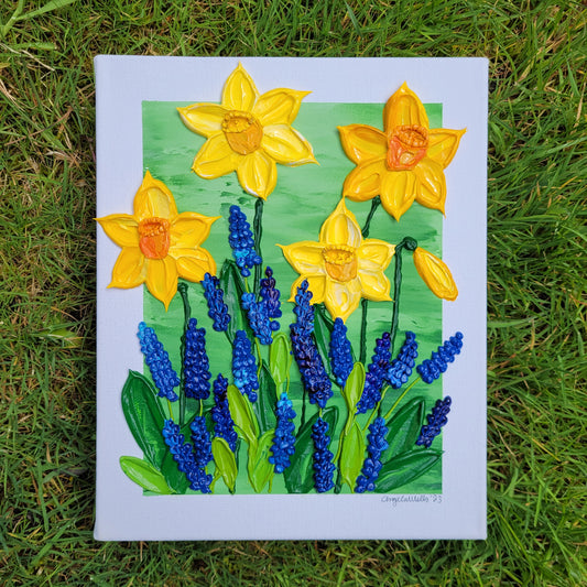 Daffodil & Grape Hyacinth Painting | 8" by 10" Stretched Canvas