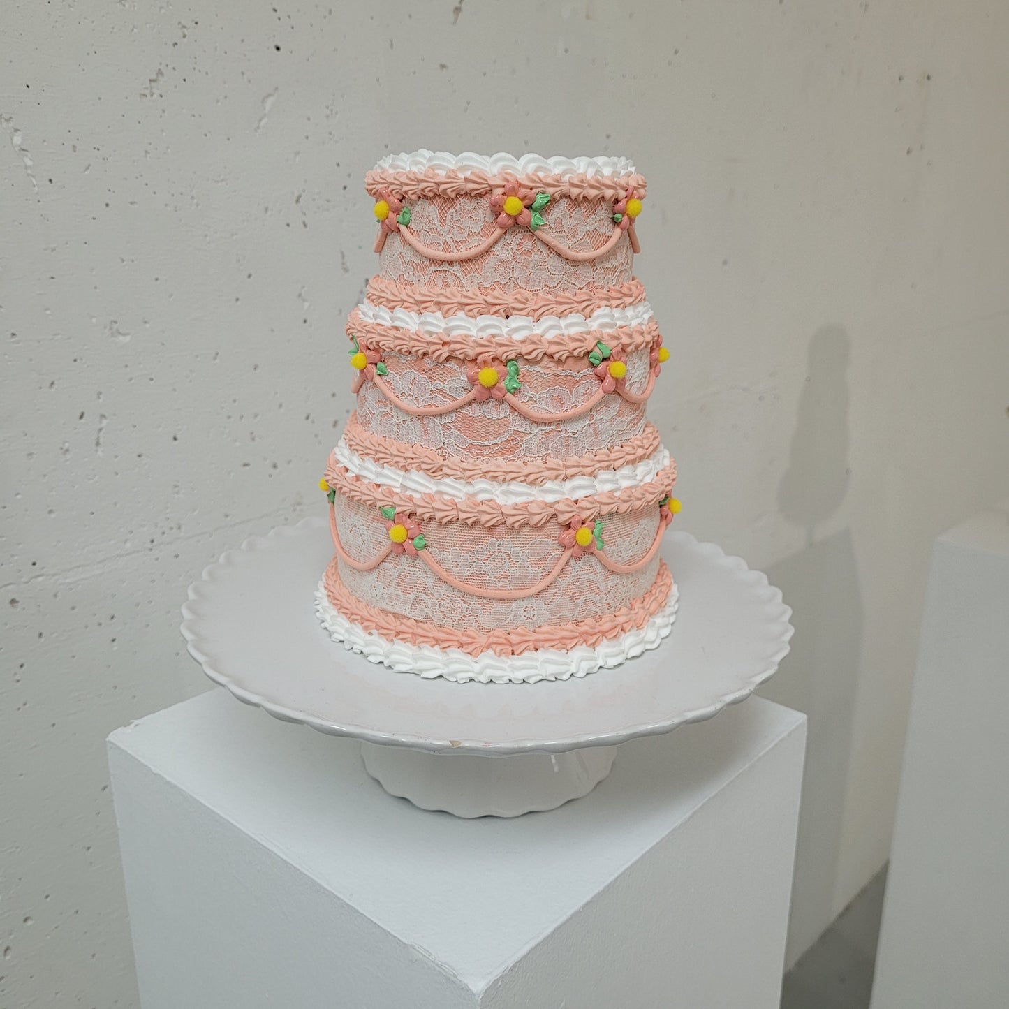 Pink Vintage Lace 3 Tiered Cake Sculpture | 7" by 8.5"