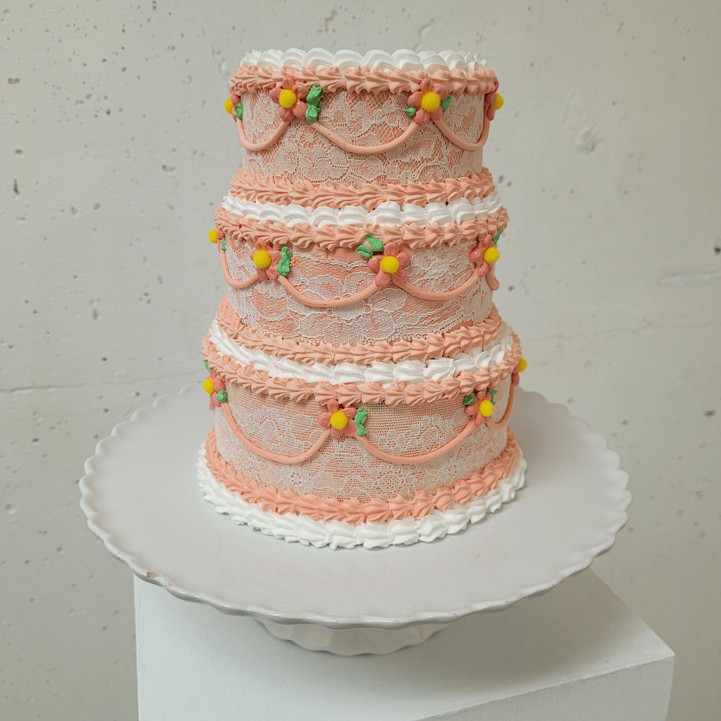 Pink Vintage Lace 3 Tiered Cake Sculpture | 7" by 8.5"