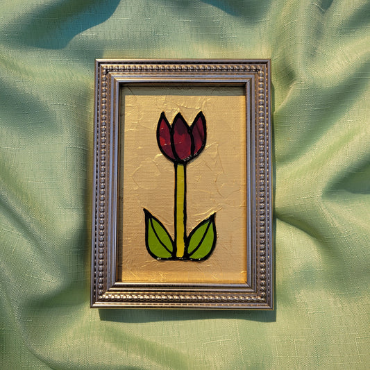 Gold Stained Glass Tulip Painting | 5" by 7" Framed