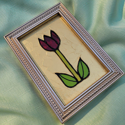 Gold Stained Glass Tulip Painting | 5" by 7" Framed