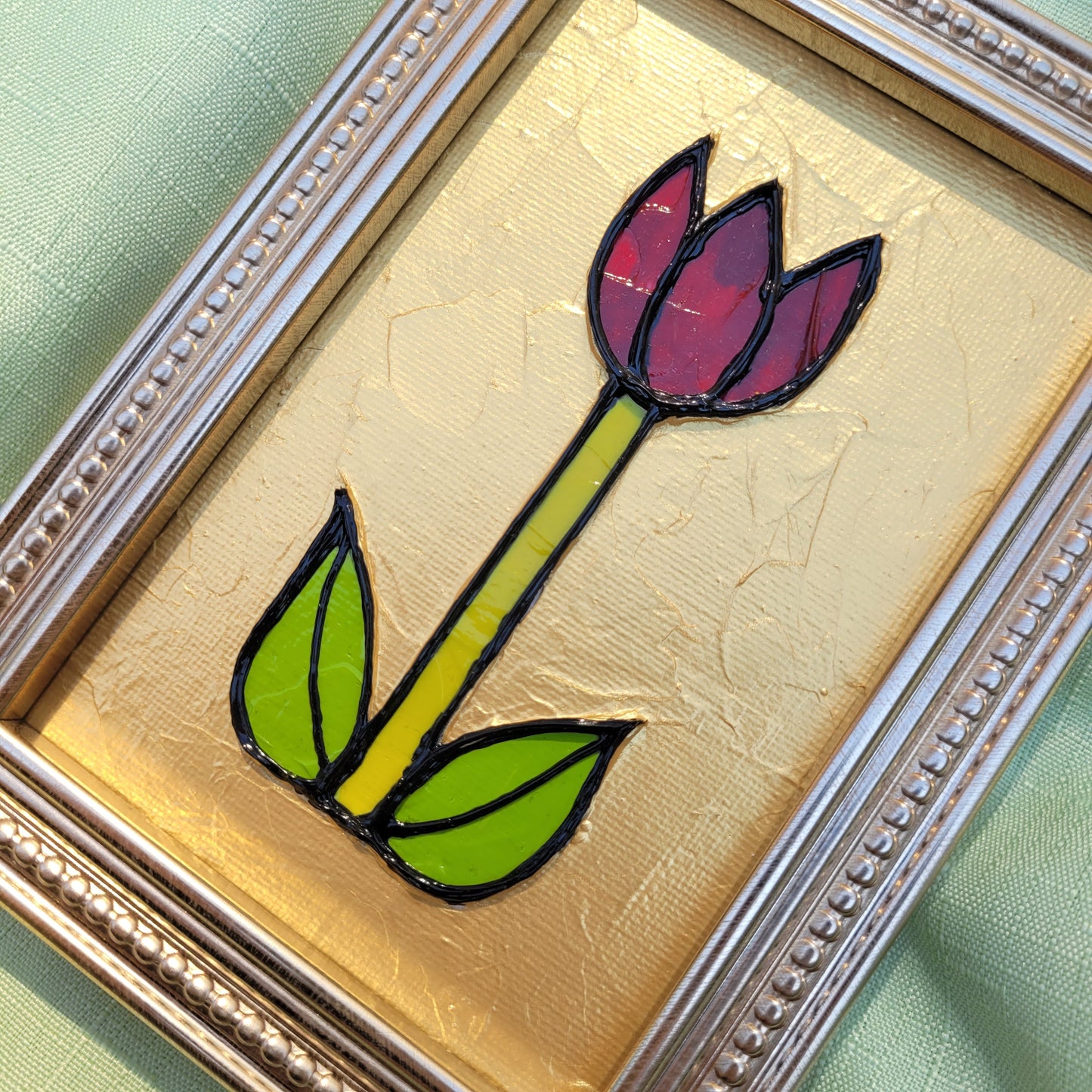 Gold Stained Glass Tulip Painting | 5" by 7" Framed