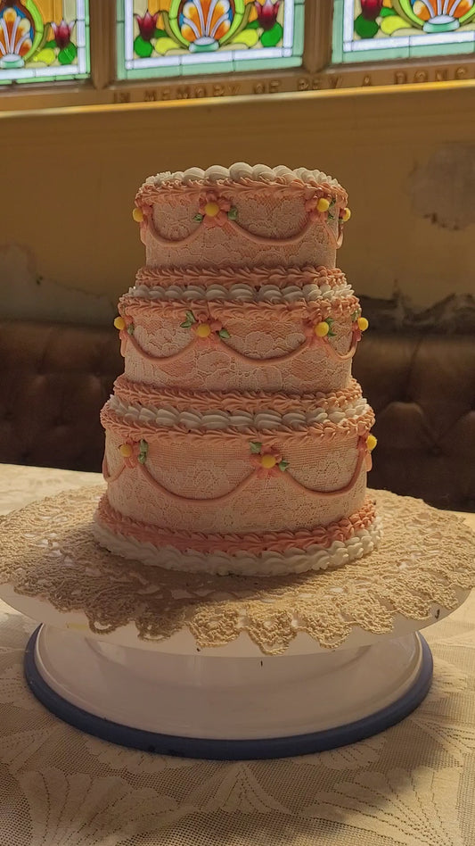 Pink Vintage Lace 3 Tiered Cake Sculpture | 7" by 8.5"